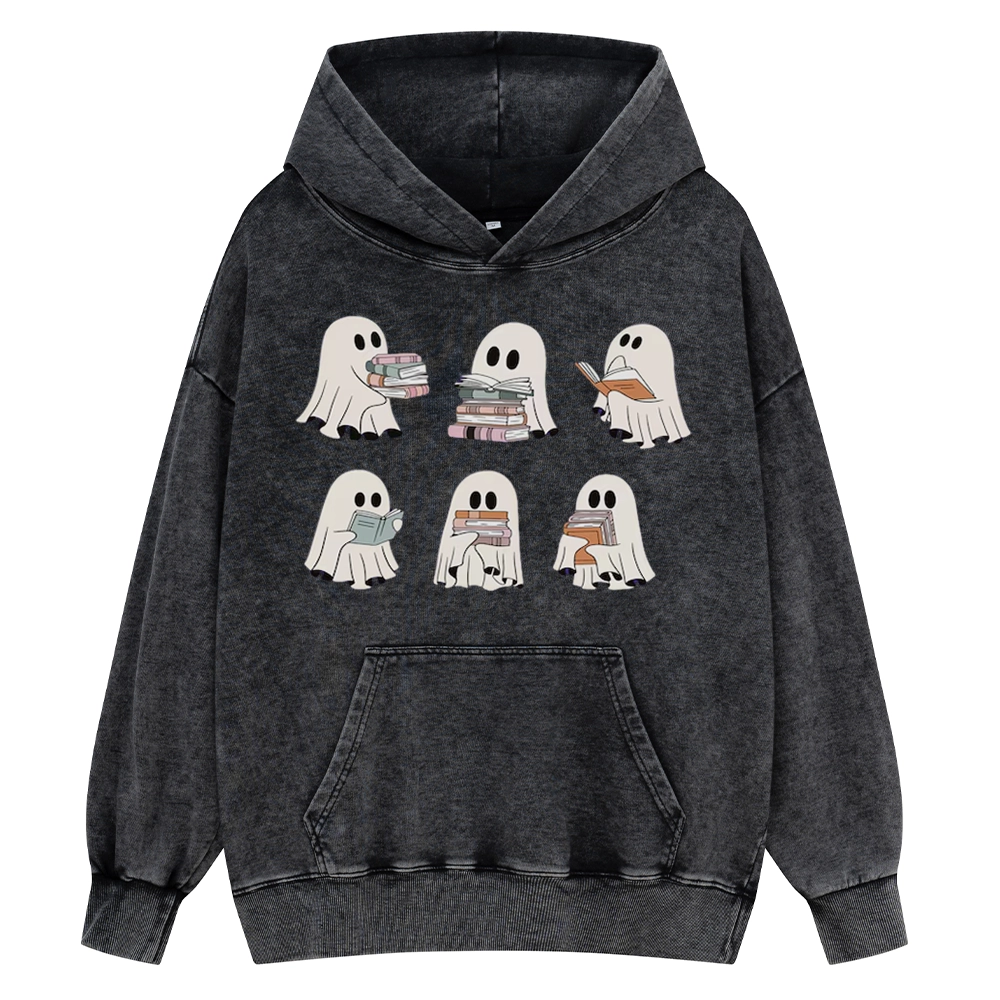Pagewings Ghost Reading Halloween Unisex Washed Hoodie
