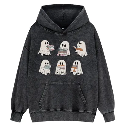 Pagewings Ghost Reading Halloween Unisex Washed Hoodie