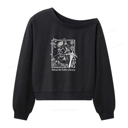 Pagewings Defend The Public Library Women Off  Shoulder Sweatshirt