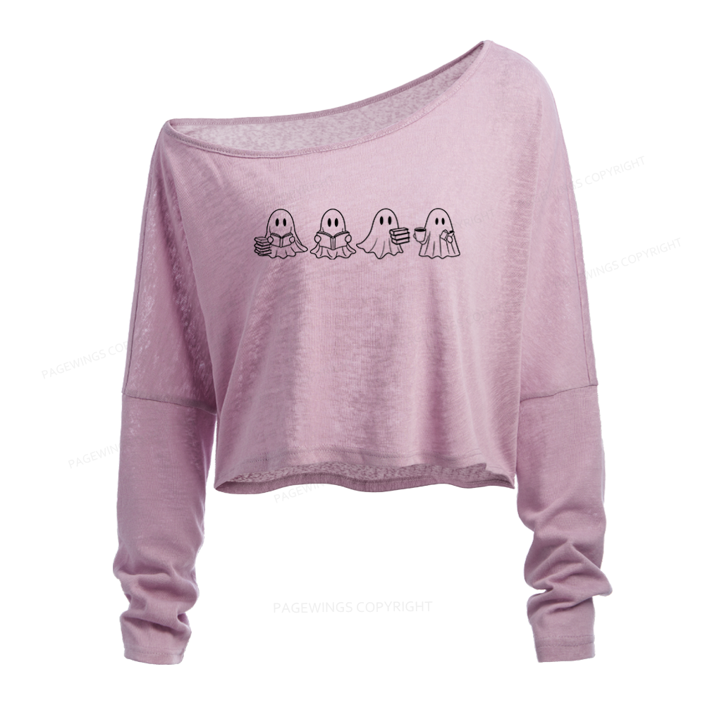 Pagewings Halloween Cute Ghost Reading Books Slouchy Long Sleeve Off Shoulder T-shirt