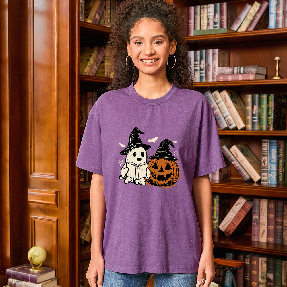 Pagewings Spooky Ghost Pumpkin Halloween Unisex Washed T-shirt