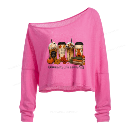 Pagewings Halloween Coffee Books Slouchy Long Sleeve Off Shoulder T-shirt