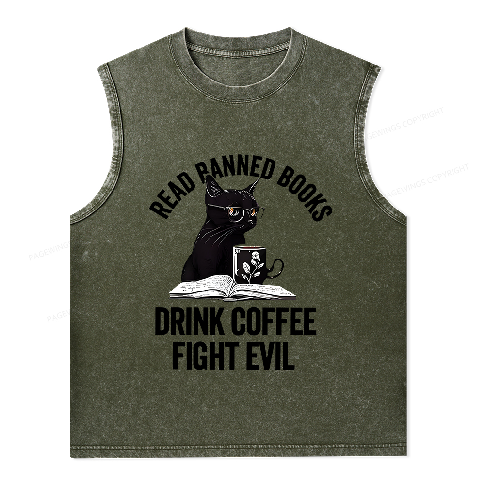 Pagewings Read Books Drink Coffee Fight Evil Shirt Unisex Washed Tank Top