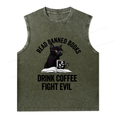 Pagewings Read Books Drink Coffee Fight Evil Shirt Unisex Washed Tank Top