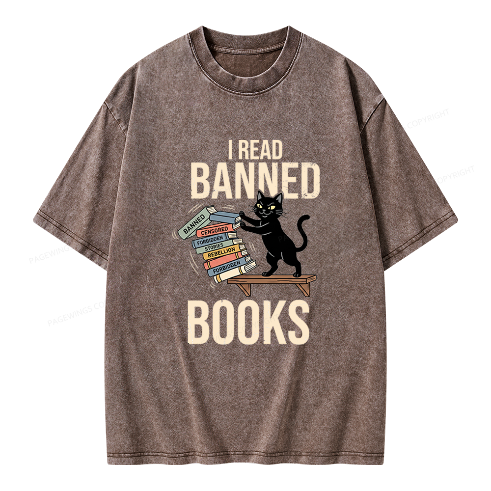 Pagewings Black Cat I Read Banned Books Unisex Washed T-shirt