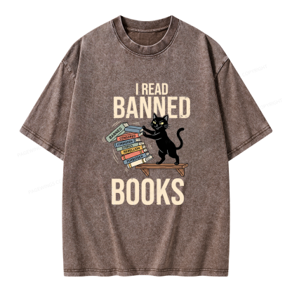 Pagewings Black Cat I Read Banned Books Unisex Washed T-shirt