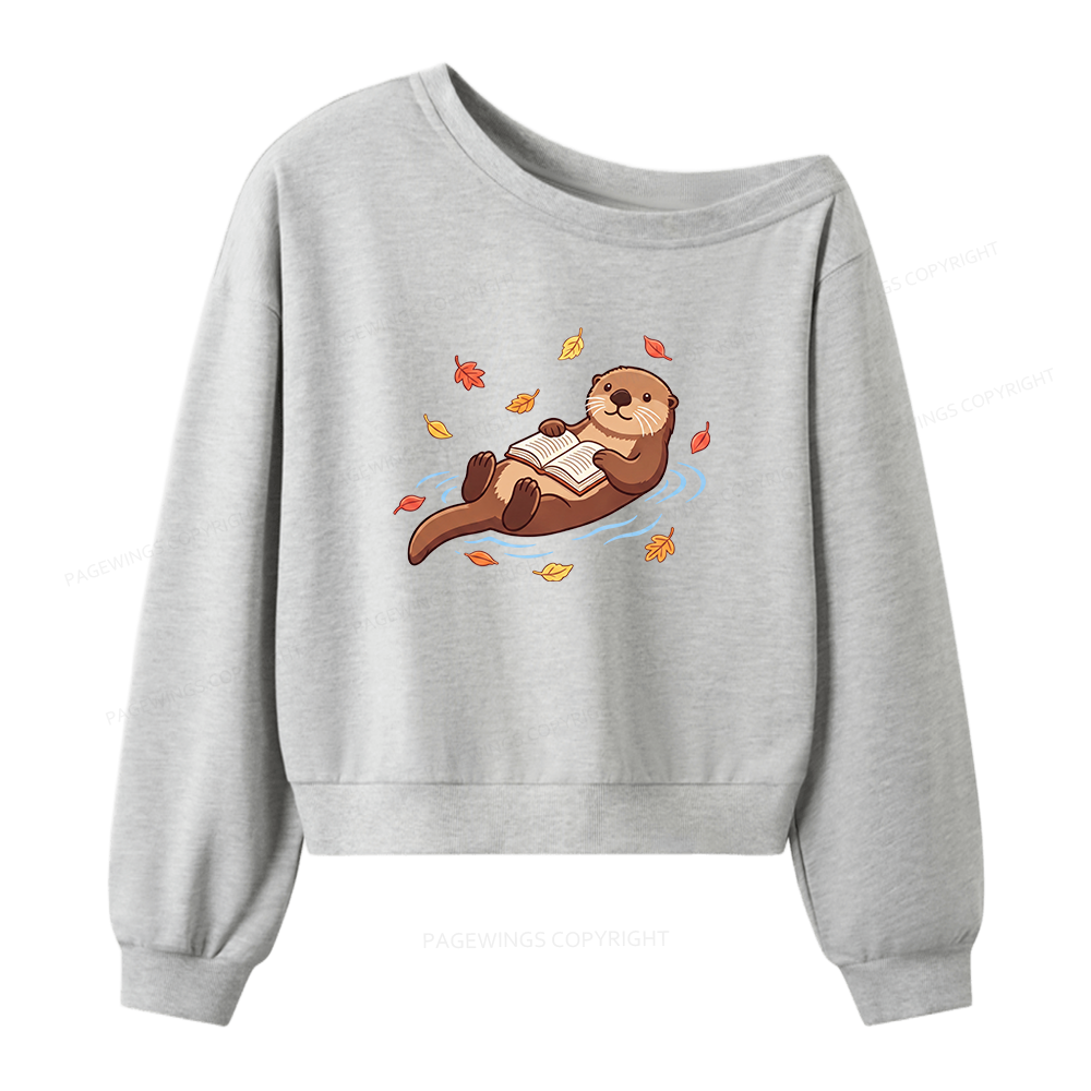 Pagewings Otter Reading Book Women Off Shoulder Sweatshirt