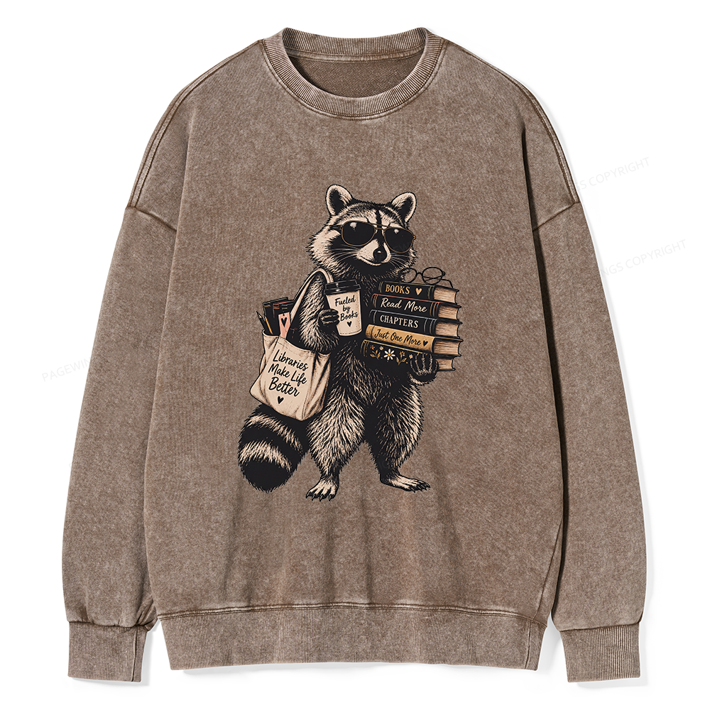 Pagewings Book Lover Raccoon Unisex Washed Sweatshirt