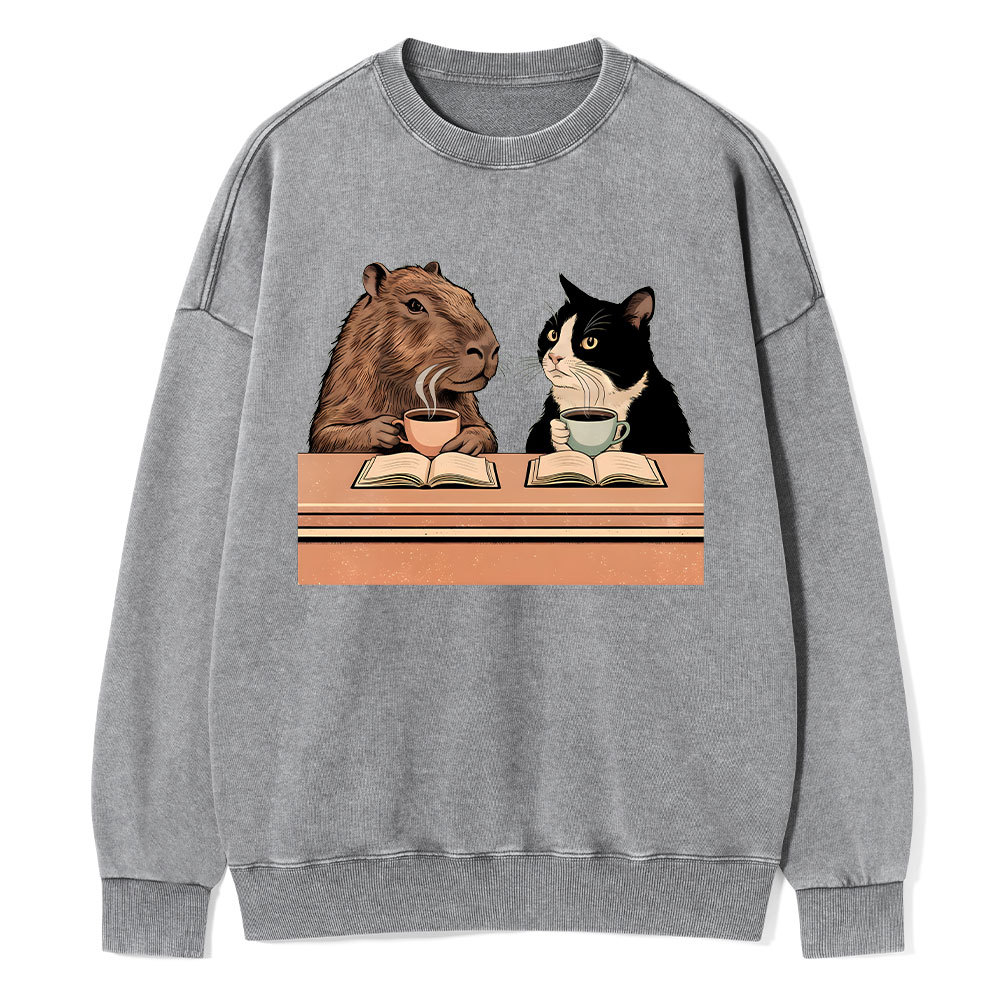 Pagewings Capybara and Tuxedo Cat Chilling with Coffee Unisex Washed Sweatshirt