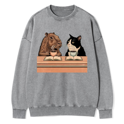 Pagewings Capybara and Tuxedo Cat Chilling with Coffee Unisex Washed Sweatshirt