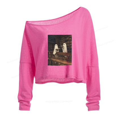 Pagewings Halloween Ghost Reading Slouchy Long Sleeve Off Shoulder T-shirt