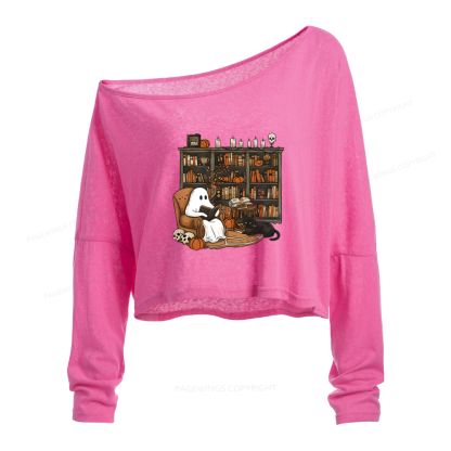 Pagewings Halloween Ghost Reading Books Slouchy Long Sleeve Off Shoulder T-shirt