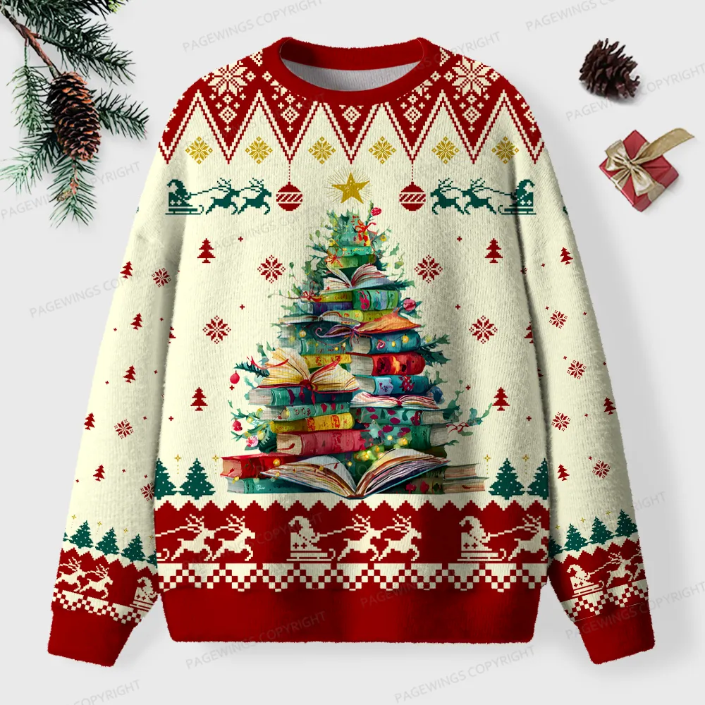 Pagewings Book Christmas Tree Unisex Ugly Knit Sweatshirt