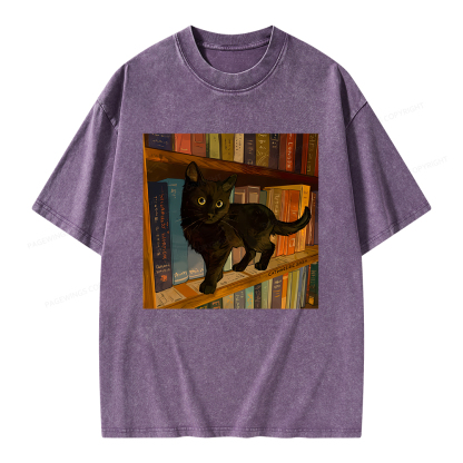Pagewings Little Library Cat Unisex Washed T-shirt