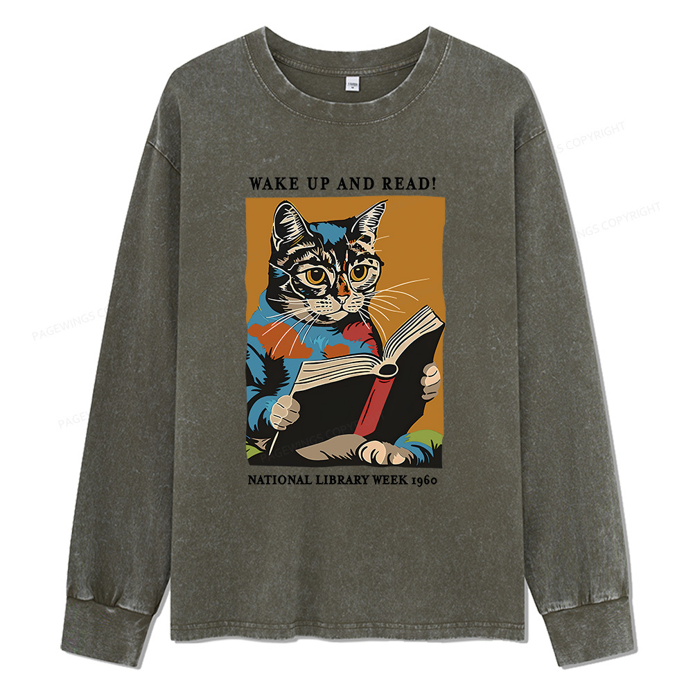 Pagewings Cat Reading Poster Unisex Washed Long Sleeve T-shirt