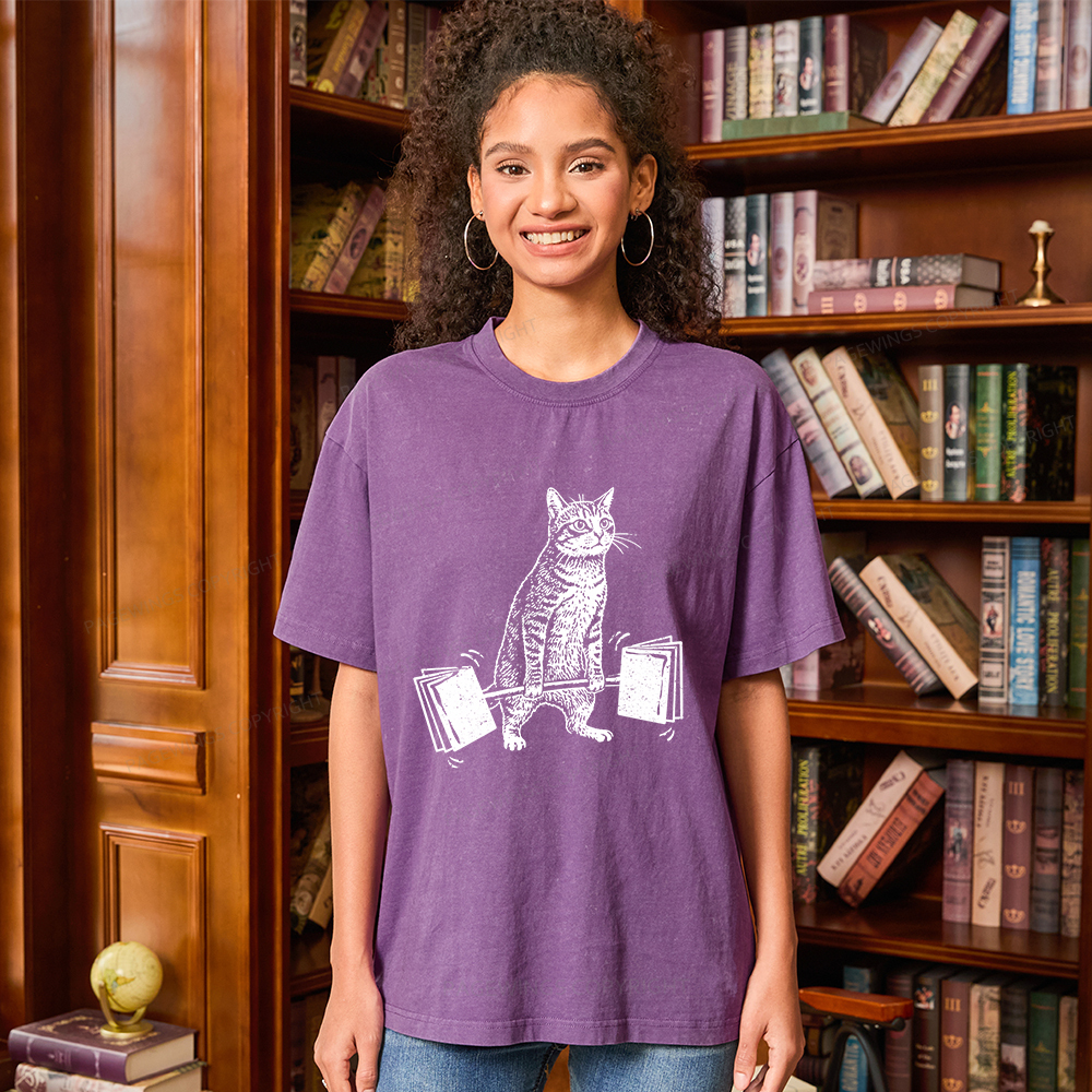 Pagewings Funny Cat Love Books Unisex Washed T-shirt