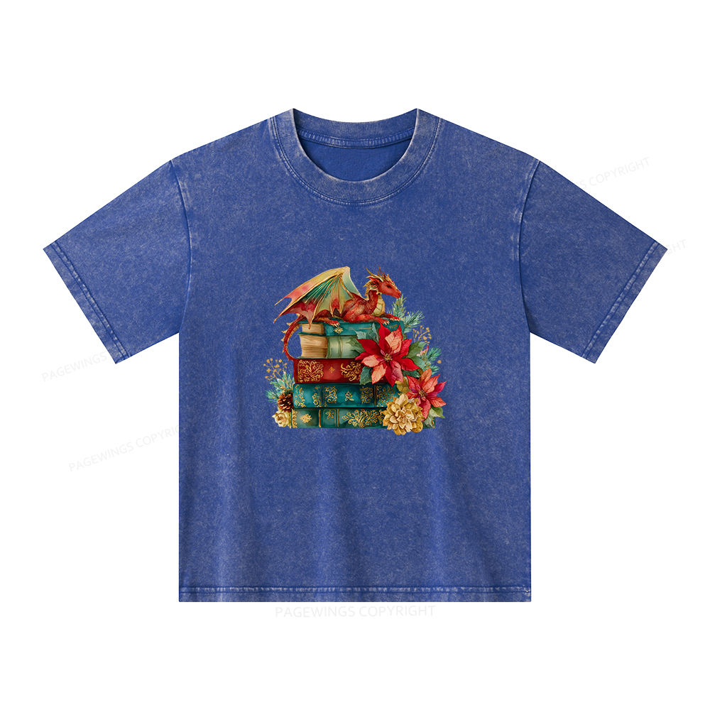 Pagewings Christmas Book Dragon Unisex Kids Washed T-shirt