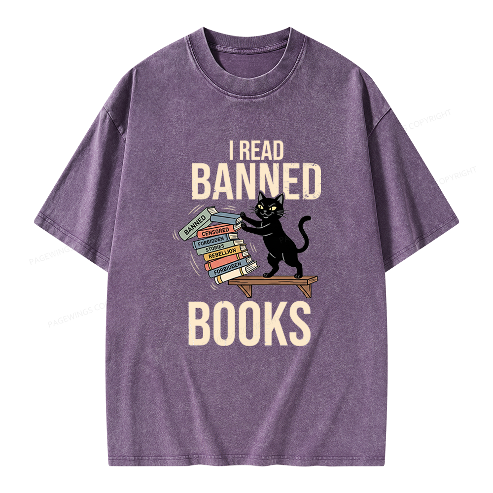 Pagewings Black Cat I Read Banned Books Unisex Washed T-shirt
