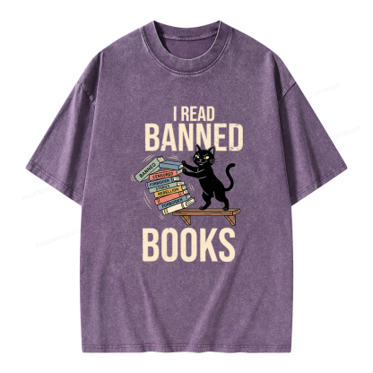 Pagewings Black Cat I Read Banned Books Unisex Washed T-shirt