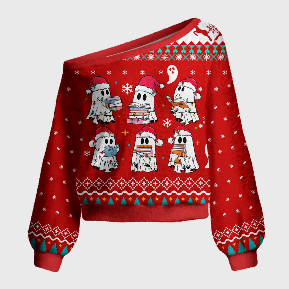 Pagewings Ghosts Who Love Reading Off Shoulder Ugly Knit Sweater