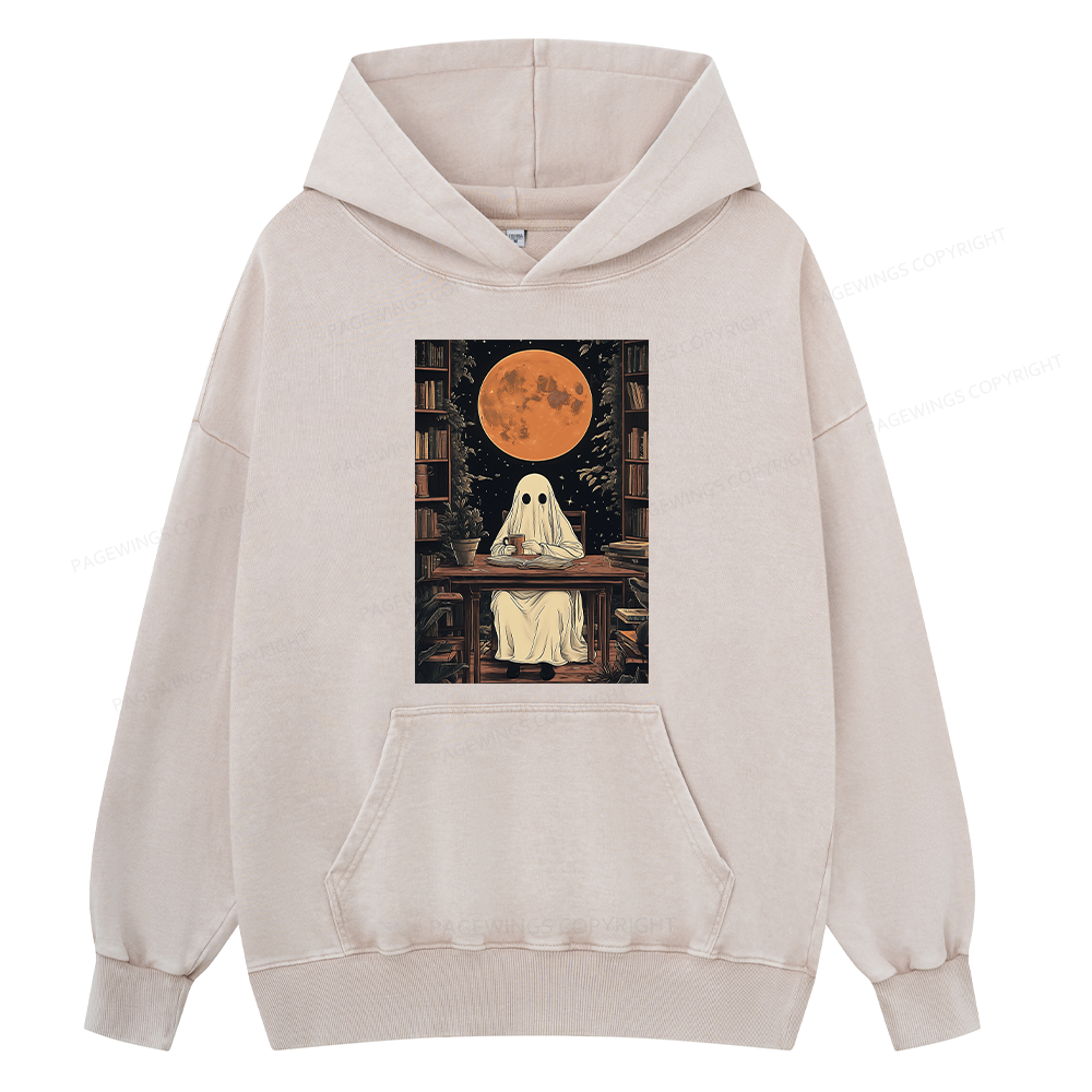 Pagewings Halloween Ghost Books Coffee Unisex Washed Hoodie