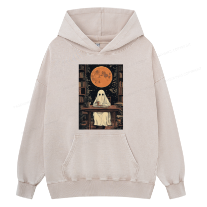 Pagewings Halloween Ghost Books Coffee Unisex Washed Hoodie