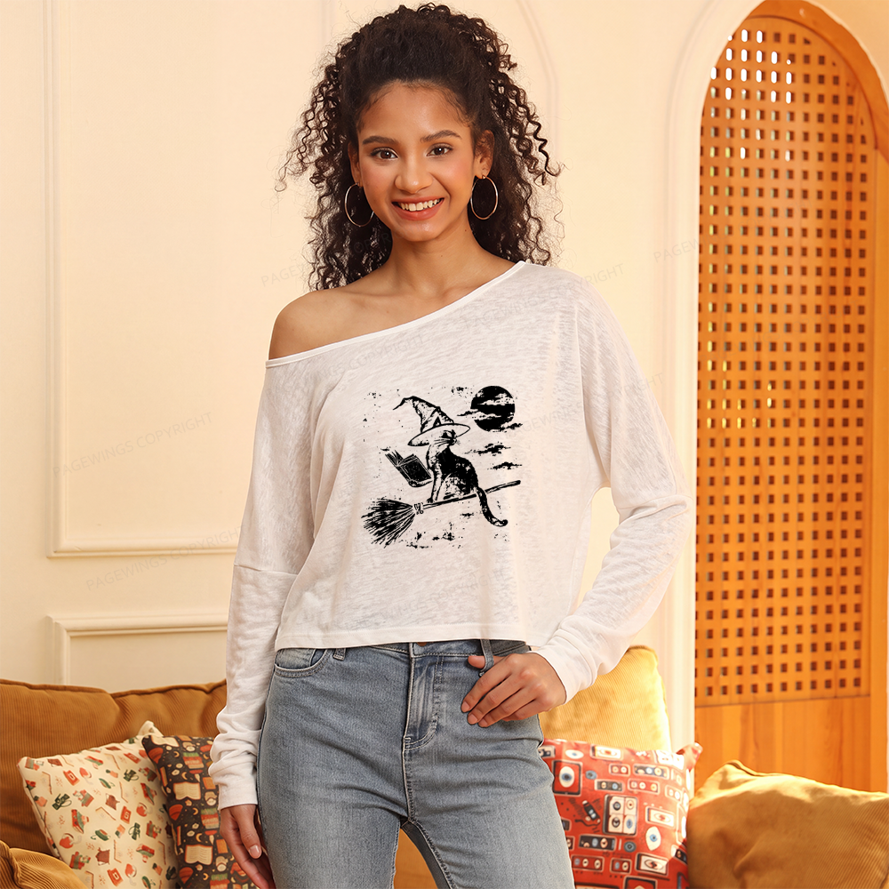 Pagewings Witchy Cat Slouchy Long Sleeve Off Shoulder T-shirt