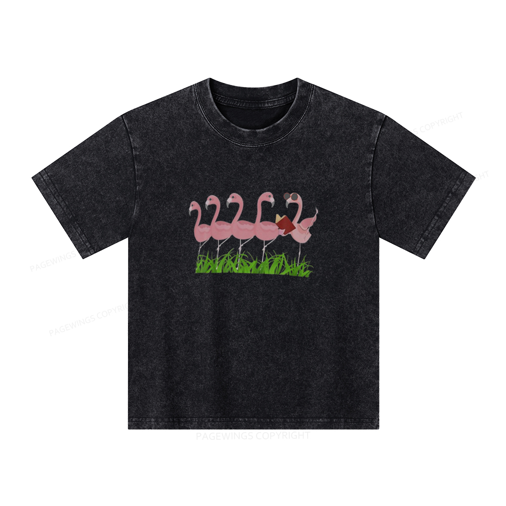 Pagewings Funny Flamingo Reading Book Unisex Kids Washed T-shirt
