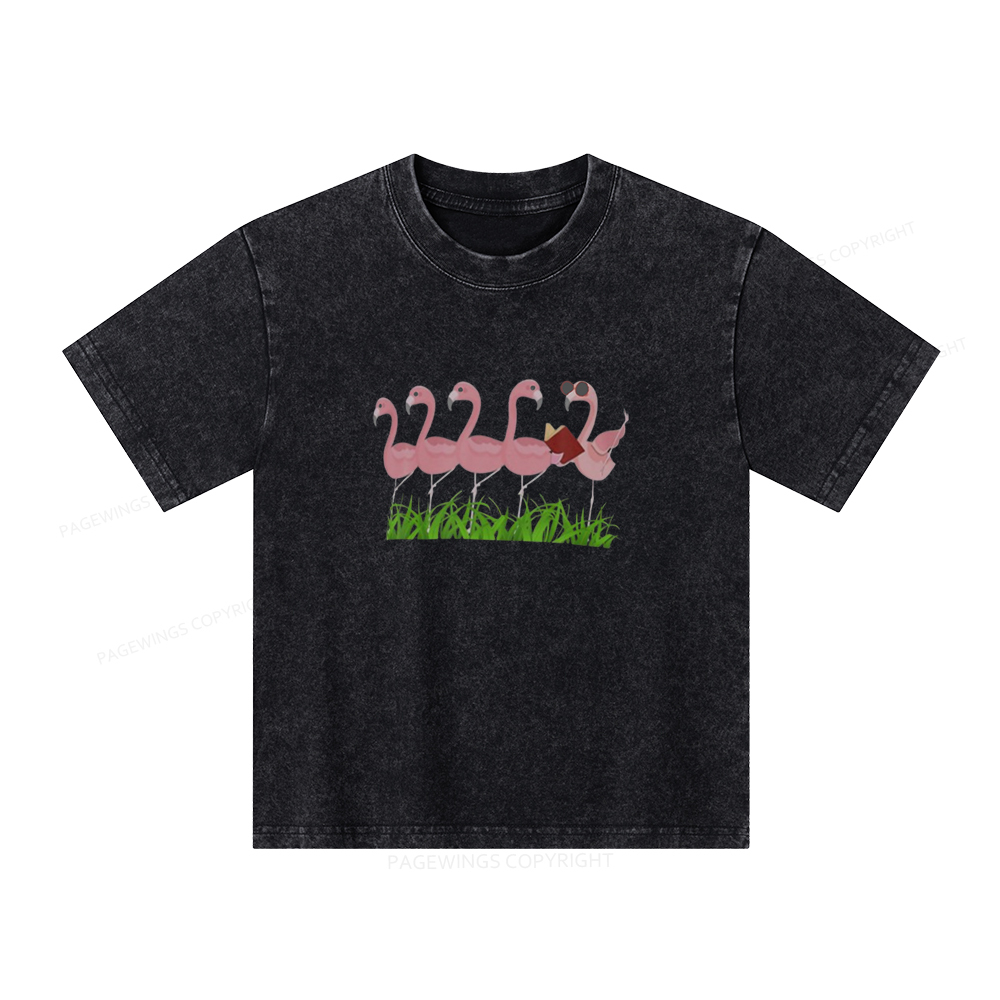 Pagewings Funny Flamingo Reading Book Unisex Kids Washed T-shirt