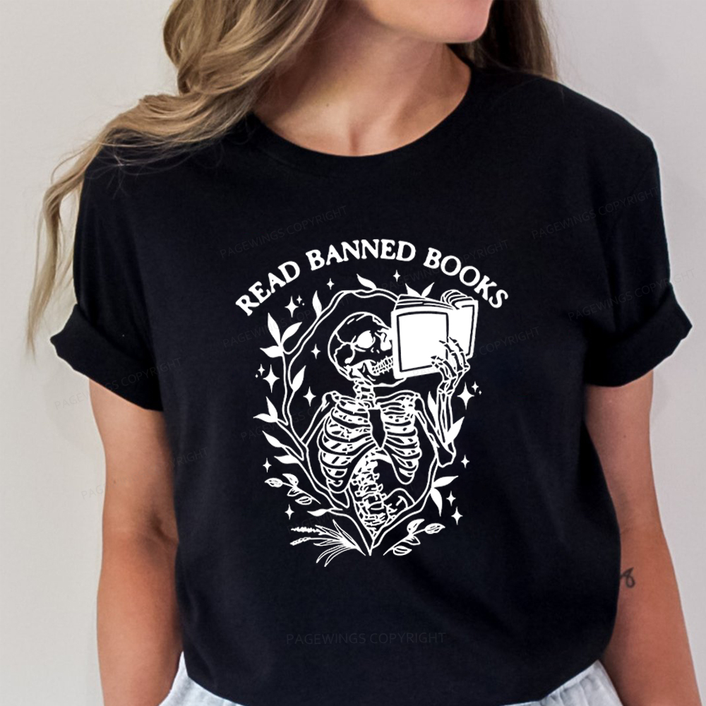 Pagewings Read Banned Books Skeleton Halloween Goth Protest T-Shirt Unisex Classic T-shirt