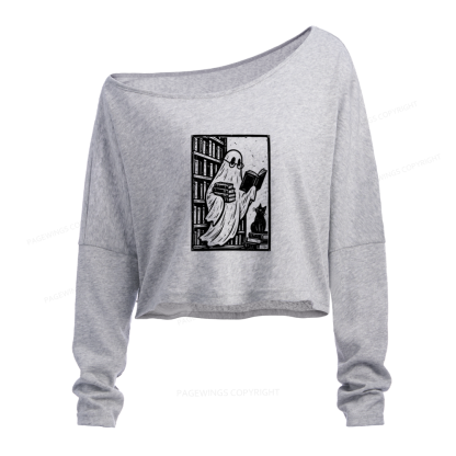 Pagewings Book Lover Halloween Slouchy Long Sleeve Off Shoulder T-shirt