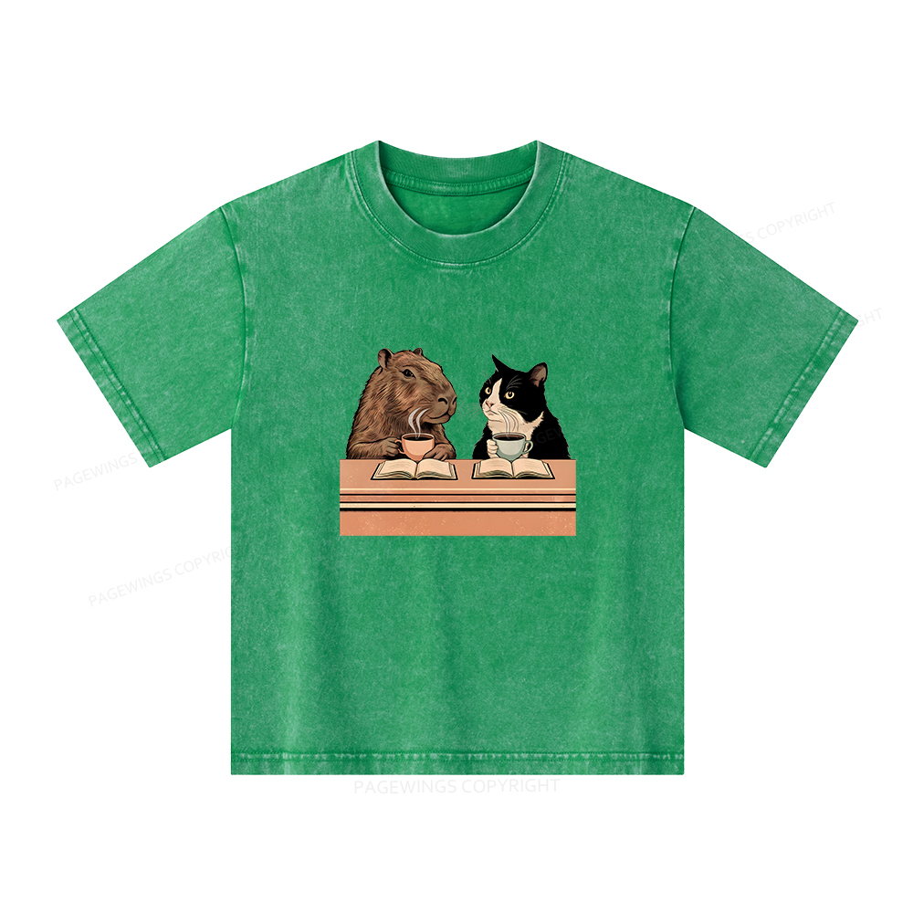 Pagewings Capybara and Tuxedo Cat Chilling with Coffee Unisex Kids Washed T-shirt