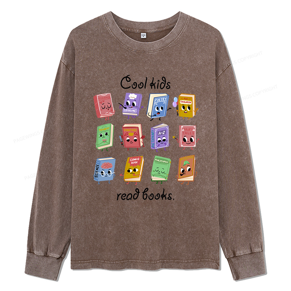 Pagewings Cool Kids Read Books Unisex Washed Long Sleeve T-shirt