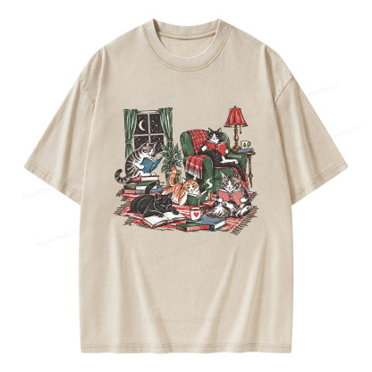 Pagewings Cats Reading Books Unisex Washed T-shirt