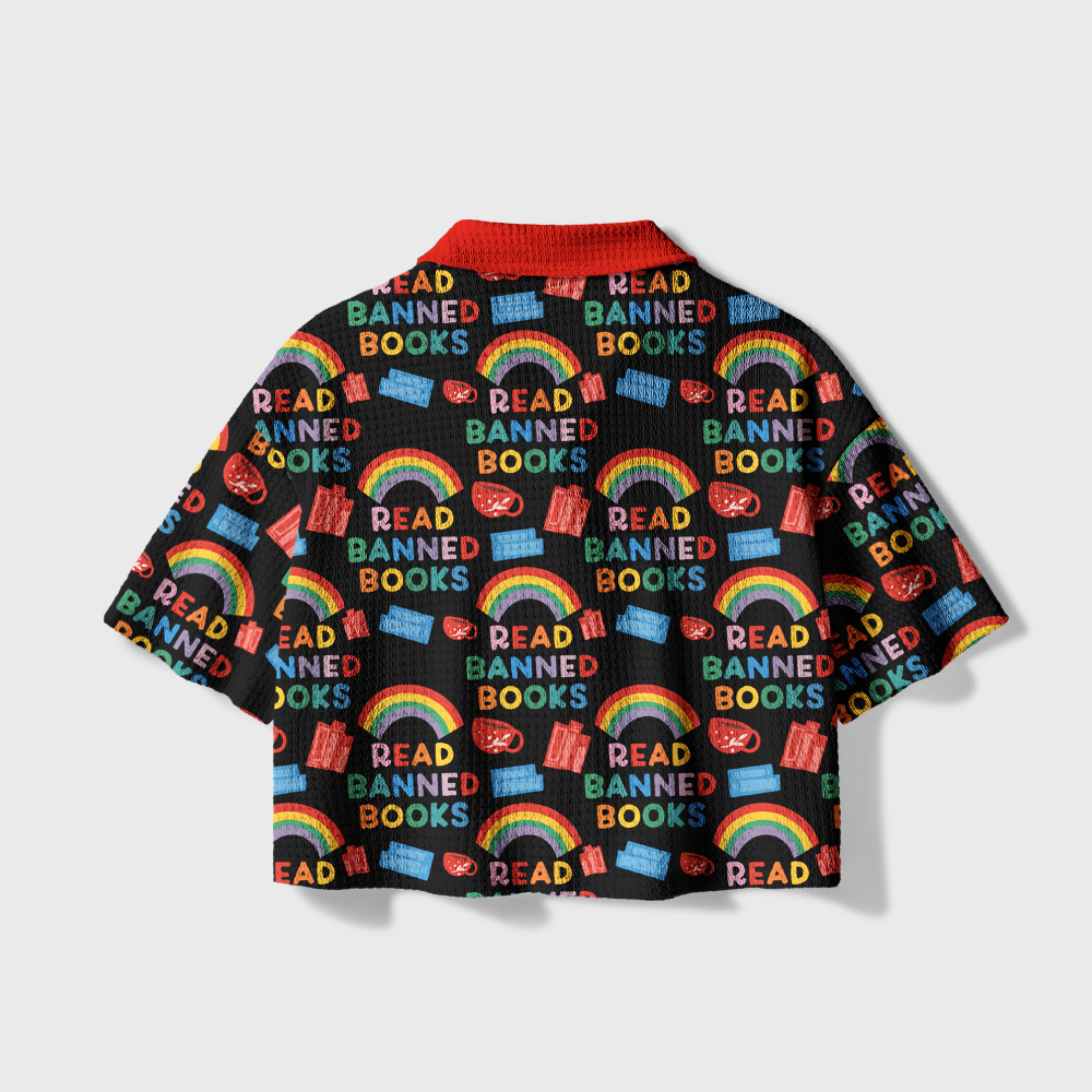 Pagewings Read Banned Books Rainbow  Camp Collar Boxy Fit Unisex Crochet Shirt
