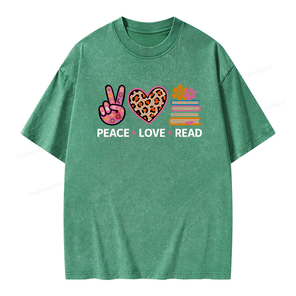 Pagewings Peace Love Read World Book Day Unisex Washed T-shirt