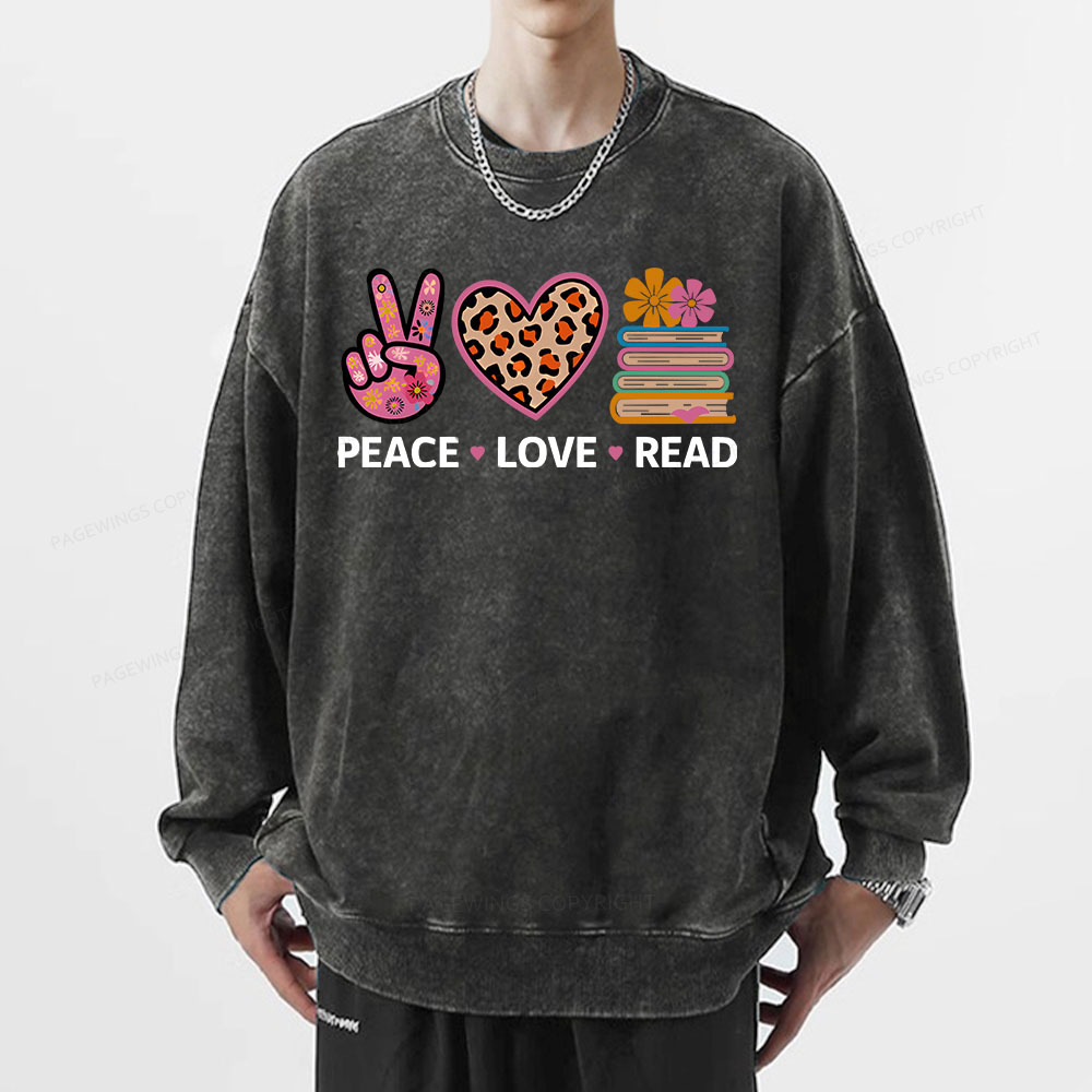Pagewings Peace Love Read World Book Day Unisex Washed Sweatshirt