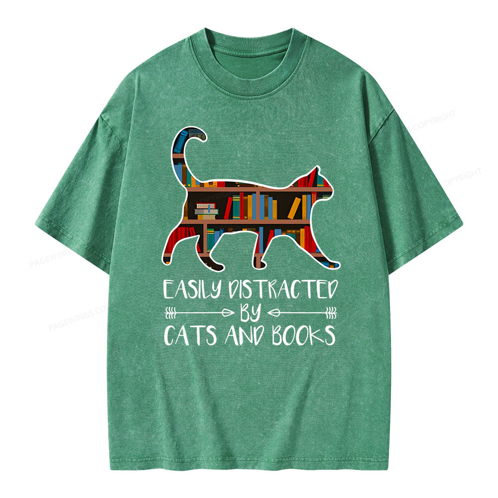Pagewings Funny Cat Book Lover Easily Distracted By Cats And T-Shirt  Unisex Washed T-shirt