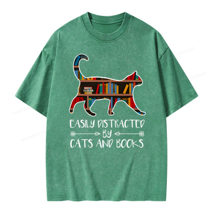 Pagewings Funny Cat Book Lover Easily Distracted By Cats And T-Shirt  Unisex Washed T-shirt