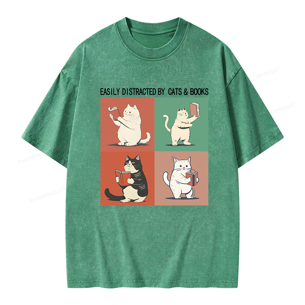 Pagewings Cute Easily Distracted by Cats Books Unisex Washed T-shirt
