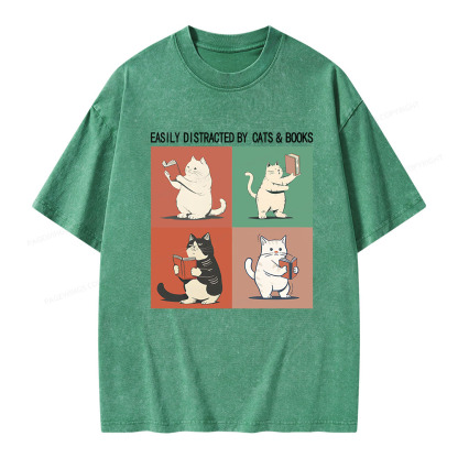 Pagewings Cute Easily Distracted by Cats Books Unisex Washed T-shirt