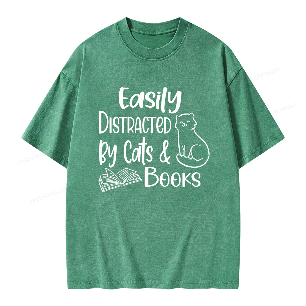 Pagewings Easily Distracted By Cats And Books Unisex Washed T-shirt