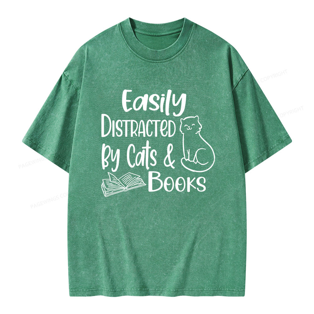 Pagewings Easily Distracted By Cats And Books Unisex Washed T-shirt