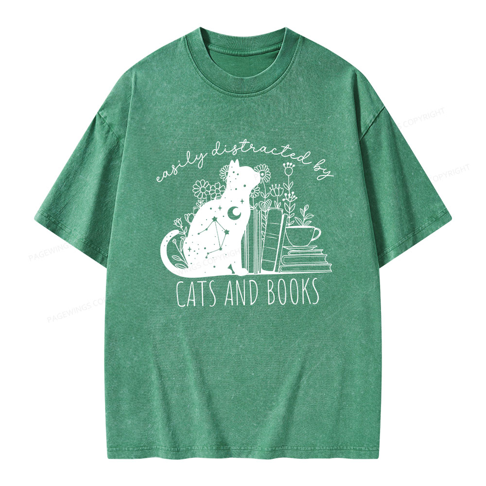 Pagewings Easily Distracted By Cats And Books Unisex Washed T-shirt