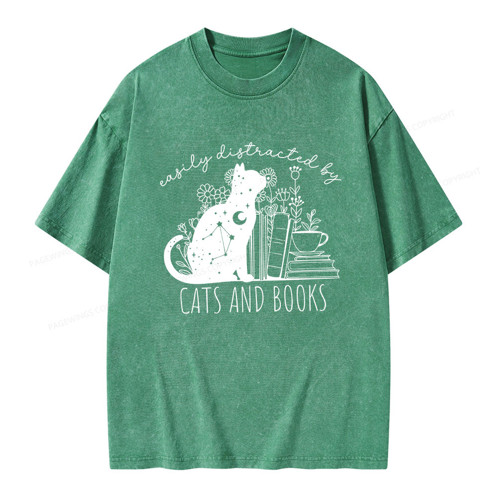 Pagewings Easily Distracted By Cats And Books Unisex Washed T-shirt