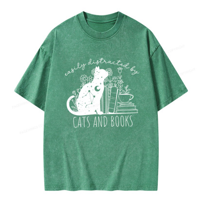 Pagewings Easily Distracted By Cats And Books Unisex Washed T-shirt