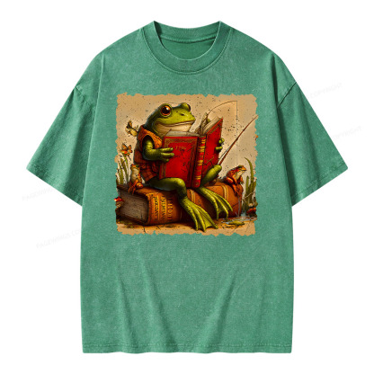 Pagewings Toad Fishing Book Reading Book Unisex Washed T-shirt