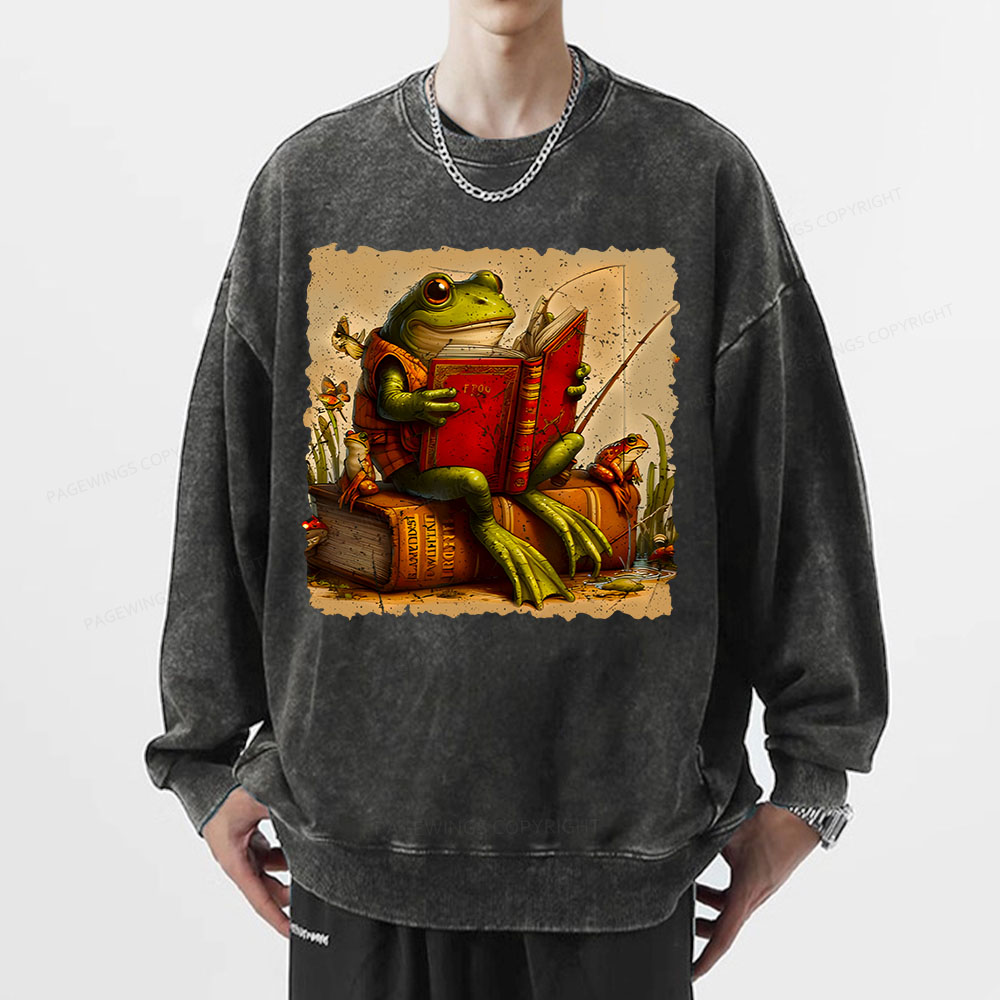 Pagewings Toad Fishing Book Reading Book Unisex Washed Sweatshirt