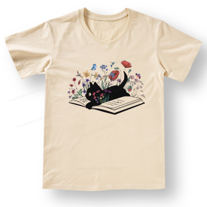 Pagewings Cute Book Cat V-neck T-shirt 