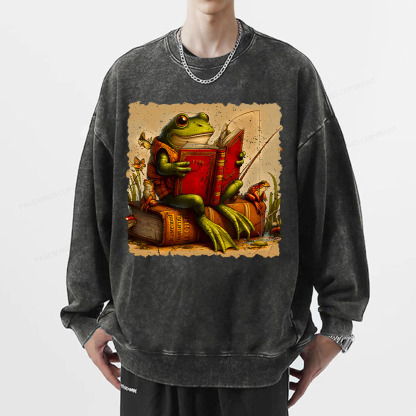 Pagewings Toad Fishing Book Reading Book Unisex Washed Sweatshirt